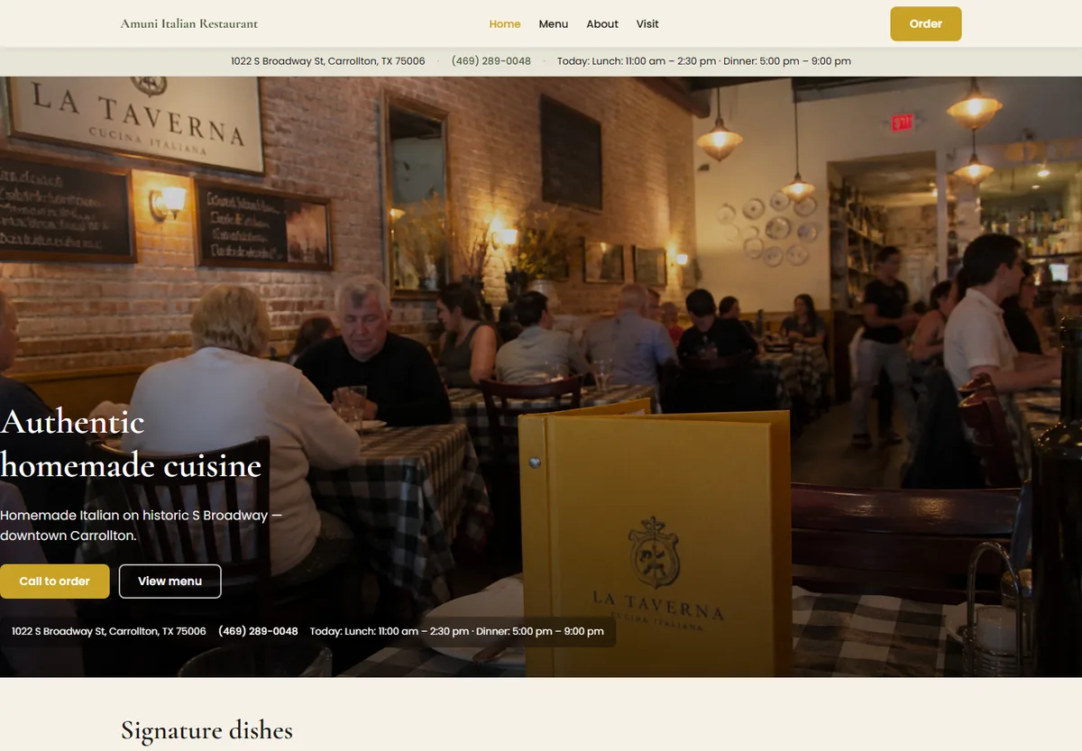 Amuni Italian Restaurant website concept