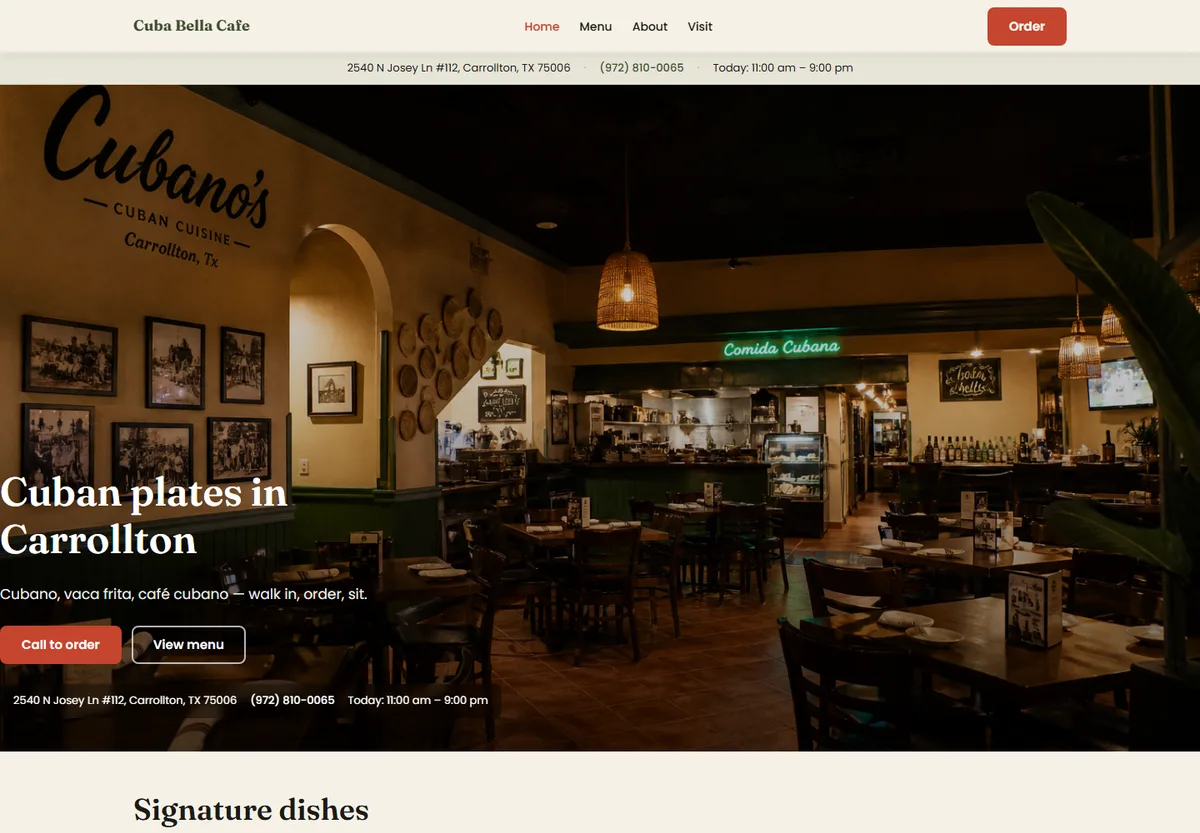 Cuba Bella Cafe website design