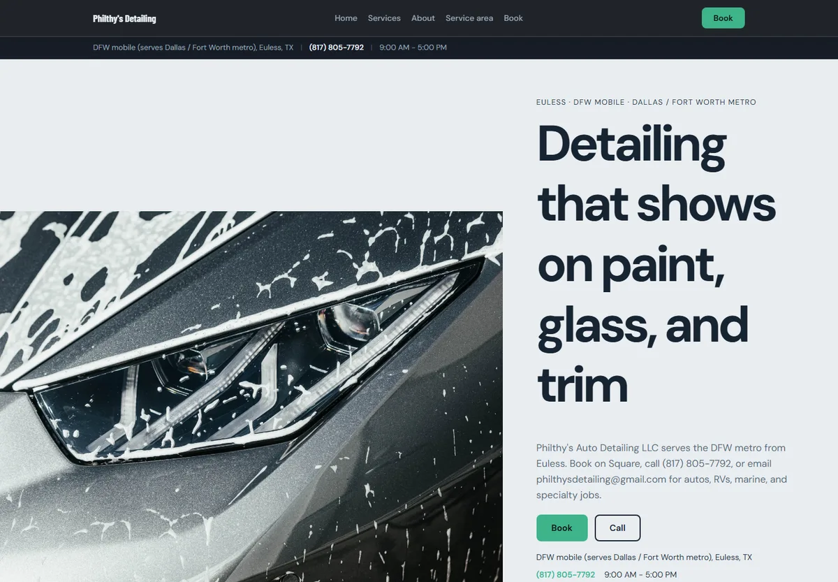Philthy's Auto Detailing Demo Site website design