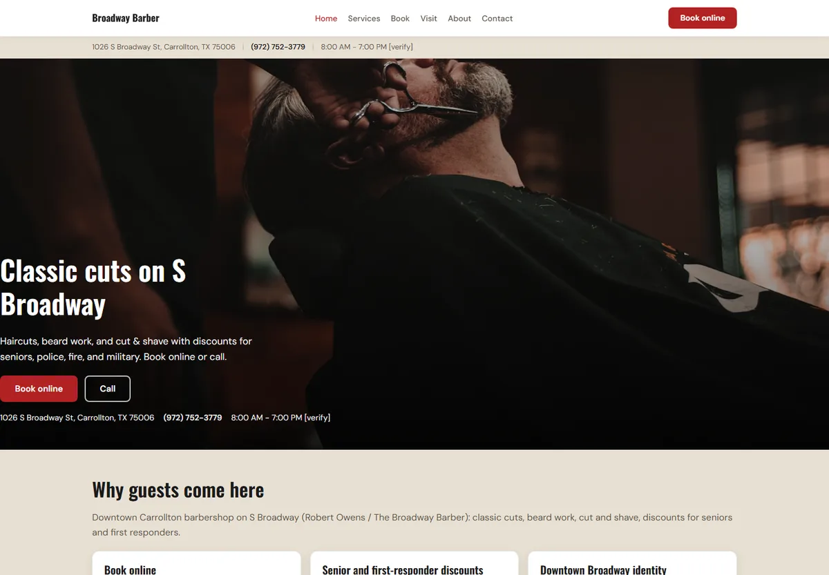 The Broadway Barber website design