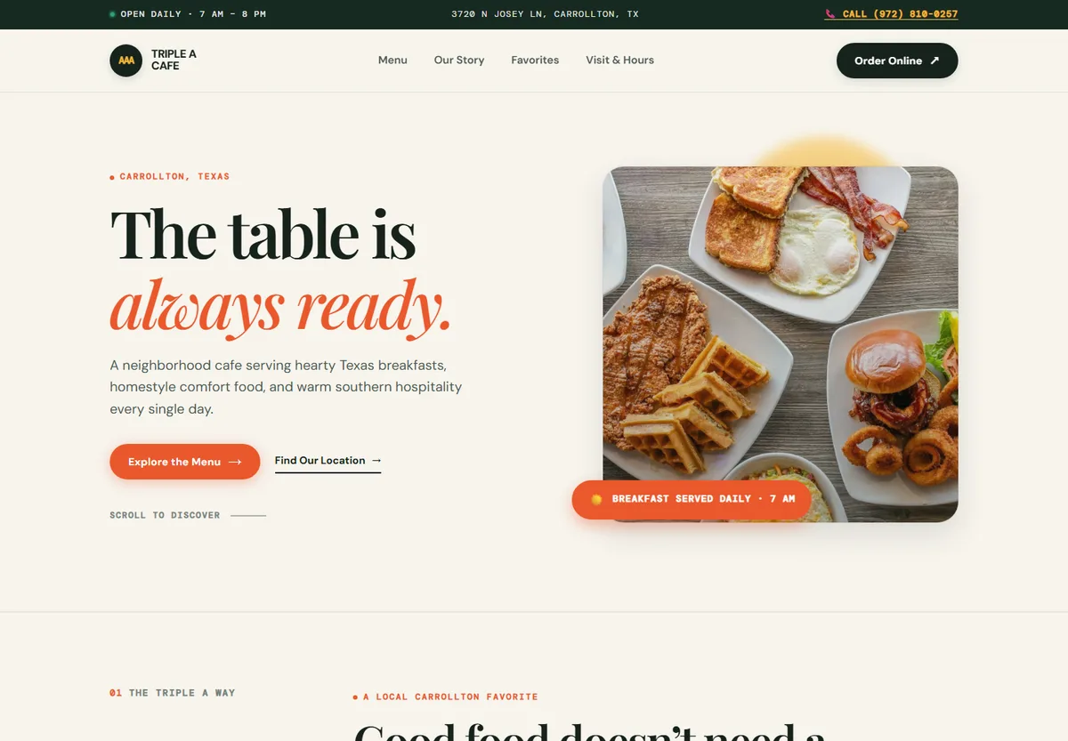 Triple A Cafe website design