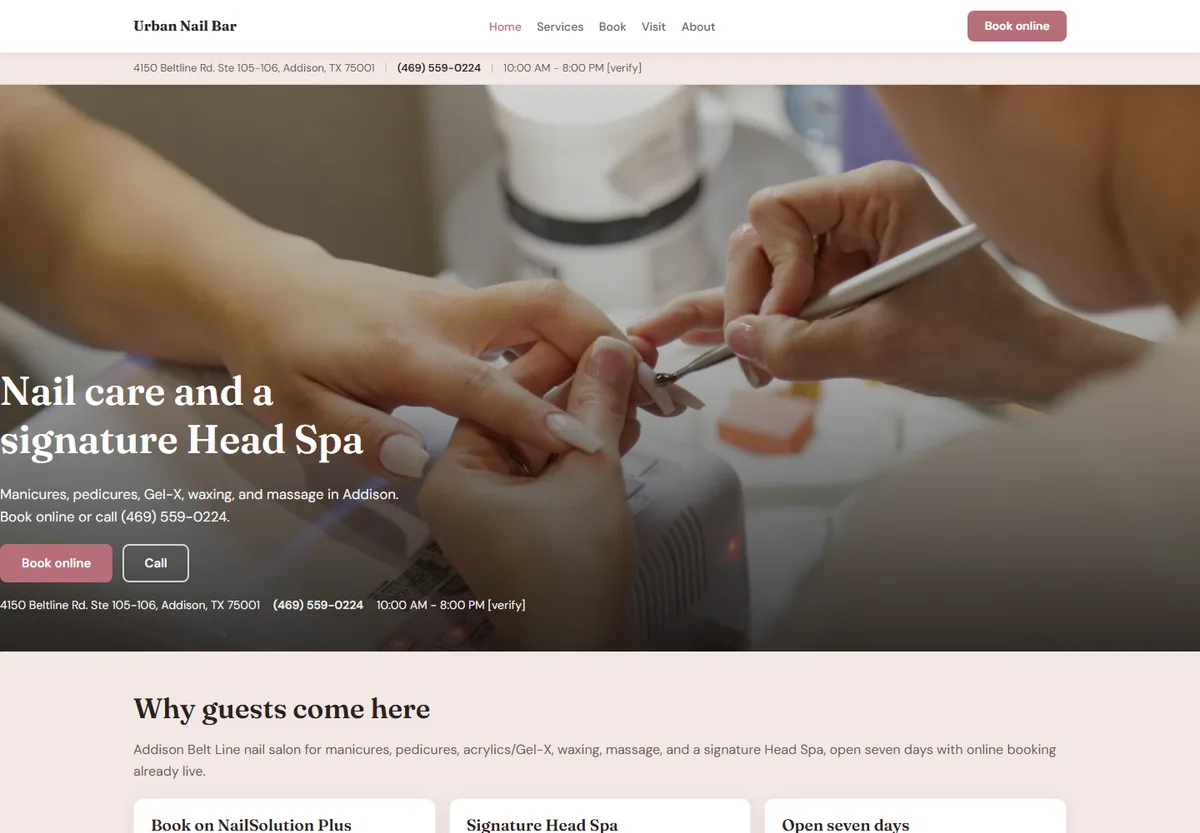 Urban Nail Bar website design