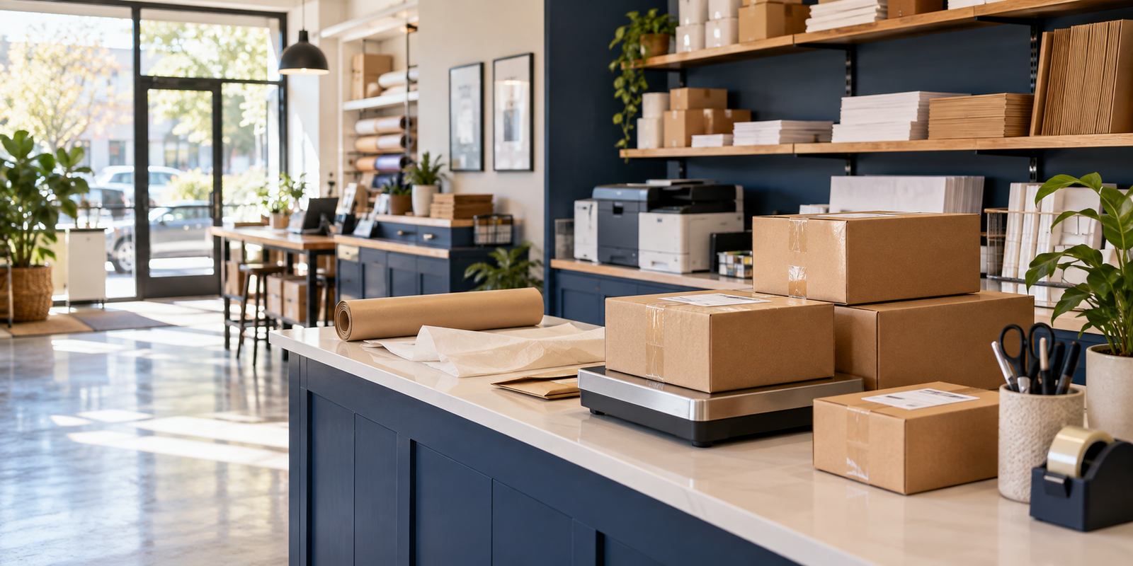 Shipping counter with packed parcels and supplies